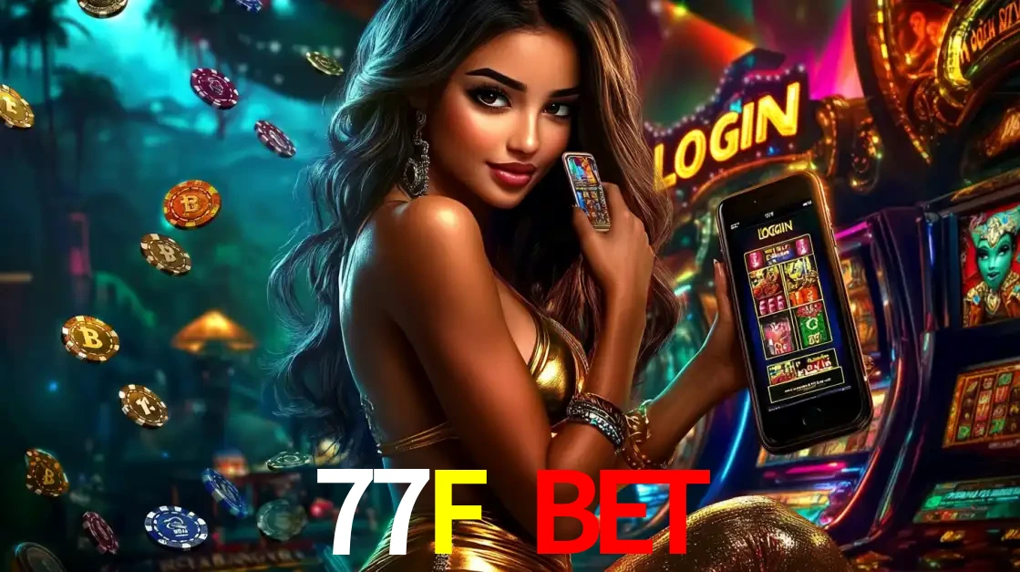 Mulher em um cenário de cassino temático de aventura, mostrando o app de caça-níqueis da 77F BET no celular. Fichas de apostas flutuam ao redor.