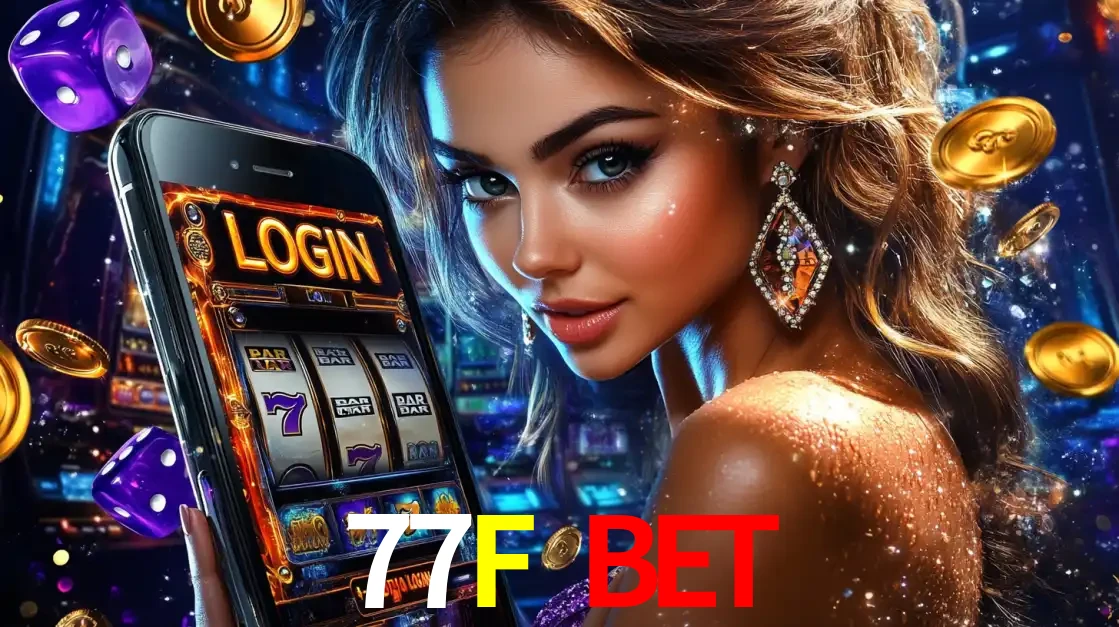 Mulher glamorosa segurando um smartphone com a tela de login para os jogos de caça-níqueis do cassino online 77F BET, com moedas de ouro e dados ao redor.