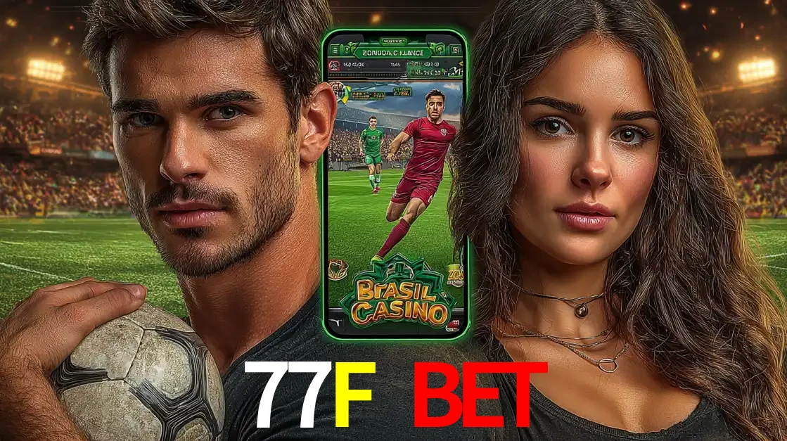 Homem segurando uma bola de futebol e uma mulher ao lado de um smartphone exibindo o jogo de apostas esportivas da 77F BET. Faça seu palpite no cassino online.